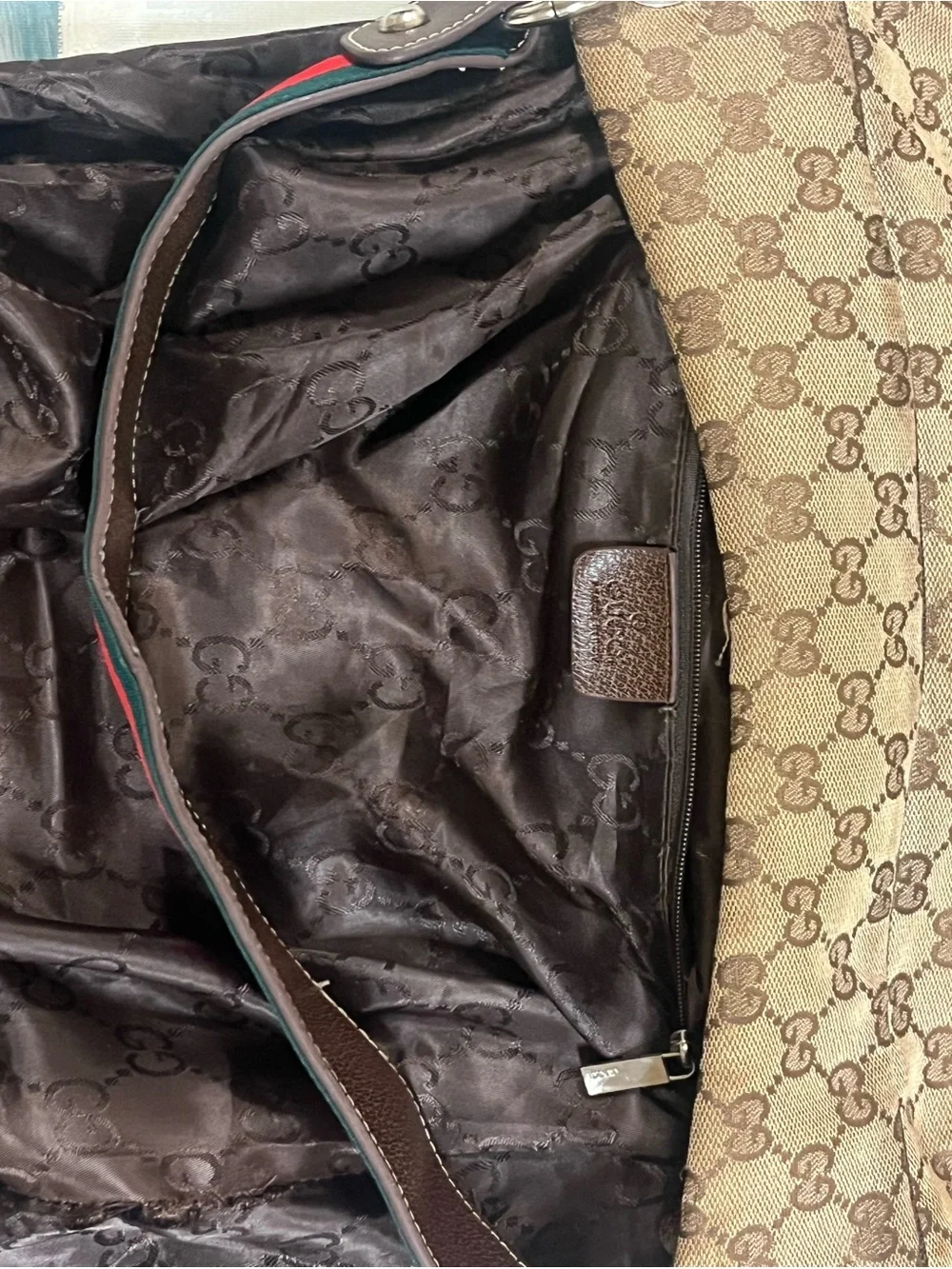 Gucci Beige GG Canvas Hobo with Brown Leather and Red-Green Web Accent